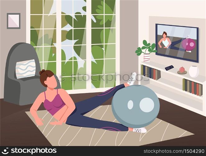 Aerobics at home flat color vector illustration. Woman in sportswear working out with stability ball 2D cartoon character with living room on background. Sportswoman training with TV course. Aerobics at home flat color vector illustration
