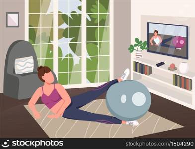 Aerobics at home flat color vector illustration. Woman in sportswear working out with stability ball 2D cartoon character with living room on background. Sportswoman training with TV course. Aerobics at home flat color vector illustration