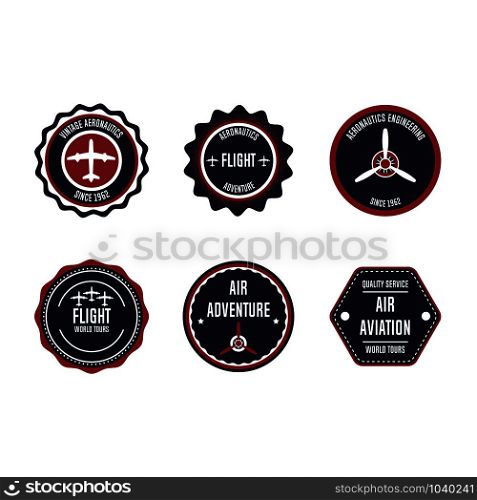 Aeronautic badge vector design set element. Flight emblem retro vintage symbol label. Airplane adventure business sticker. Round aviation quality stamp