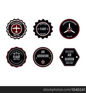 Aeronautic badge vector design set element. Flight emblem retro vintage symbol label. Airplane adventure business sticker. Round aviation quality stamp