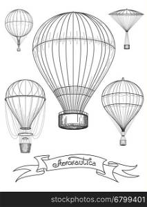 Aeronautica poster with hot air balloons. Aeronautica poster design vector illustration. Graphic poster with hot air balloons and ribbon Aeronautica