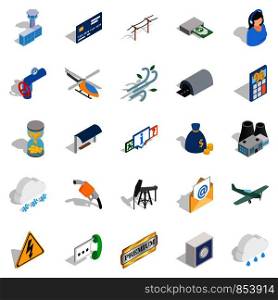 Aeronautical icons set. Isometric set of 25 aeronautical vector icons for web isolated on white background. Aeronautical icons set, isometric style