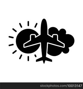 Aeronautical meteorology black glyph icon. Civil aviation issues. Wheather prediction. Flight safety. Plane with sun and cloud. Safety Silhouette symbol on white space. Vector isolated illustration. Aeronautical meteorology black glyph icon