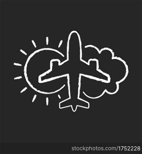 Aeronautical meteorology chalk white icon on black background. Civil aviation issues. Plane with sun and cloud. Safety Silhouette symbol on white space. Isolated vector chalkboard illustration. Aeronautical meteorology chalk white icon on black background