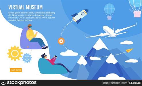 Aeronautics or Aviation History Virtual Museum Exhibition Web Banner, Lading Page. Man and Woman in Virtual Reality Goggles Looking on Museum Digital Presentation Trendy Flat Vector Illustration
