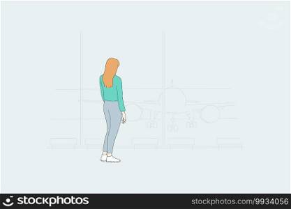Aerophobia and psychological fears concept. Young scared woman cartoon character standing backwards and looking at parked airplane crafts from window vector illustration. Aerophobia and psychological fears concept