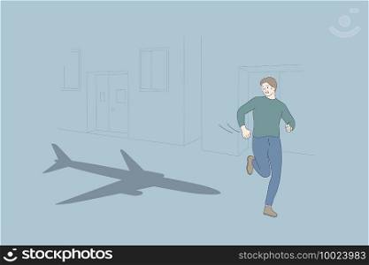 Aerophobia and psychological problem concept. Young scared man cartoon character running and seeing airplane craft shadow flying behind feeling afraid vector illustration. Aerophobia and psychological problem concep