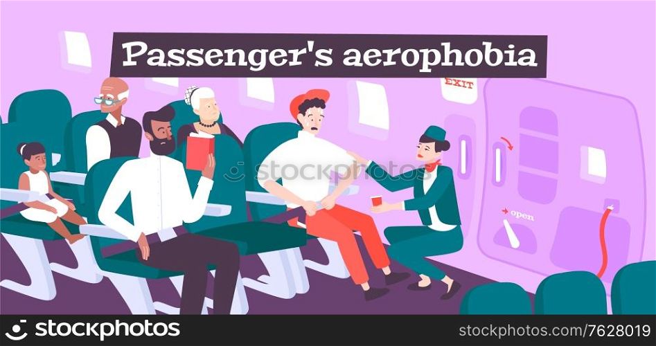 Aerophobia flat background with female flight attendant reassuring afraid passenger sitting in plane chair vector illustration