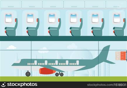 Aeroplane at the airport, on city view background and Airline interior with plane seat, business travel vector illustration.