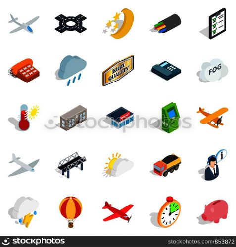 Aeroplane icons set. Isometric set of 25 aeroplane vector icons for web isolated on white background. Aeroplane icons set, isometric style