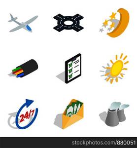 Aeroplane icons set. Isometric set of 9 aeroplane vector icons for web isolated on white background. Aeroplane icons set, isometric style