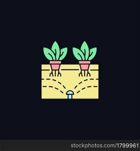 Aeroponics RGB color icon for dark theme. Grow plants with air, water and nutrients. Biotechnology. Isolated vector illustration on night mode background. Simple filled line drawing on black. Aeroponics RGB color icon for dark theme