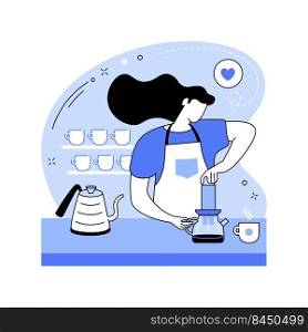 Aeropress coffee isolated cartoon vector illustrations. Barista works with special device, brewing method, going out in cafe, third wave, specialty coffee, small business vector cartoon.. Aeropress coffee isolated cartoon vector illustrations.