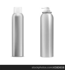 Aerosol can. Aluminum cylinder hairspray tin. Mist air freshener, toilet sprayer silver canister. Compressed shave moisture steel tin, open canister set. Aerosol can. Aluminum cylinder hairspray tin