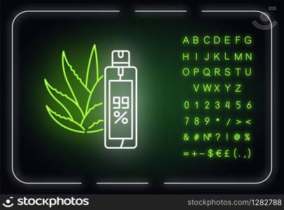 Aerosol neon light icon. Aloe vera emergency spray. Plant based hairspray. Natural cosmetic. Outer glowing effect. Sign with alphabet, numbers and symbols. Vector isolated RGB color illustration