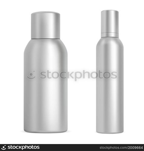 Aerosol spray bottle mockup. Deodorant can cylinder blank. Aluminium aerosol freshener bottle blank, realistic template. Refresher sprayer tube, antiperspirant tin design, metalic packaging. Aerosol spray bottle mockup. Deodorant can blank