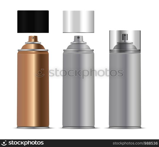 Aerosol spray metal bottles set with different dispensers and lids. Deodorant or paint cans template. Vector package illustration isolated on white background.. Aerosol spray metal bottles set. Deodorant, paint