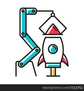 Aerospace industry blue color icon. Aviation sector. Aircraft manufacturing. Spacecraft construction and launch preparations. Rocket assembly. Missile building. Isolated vector illustration