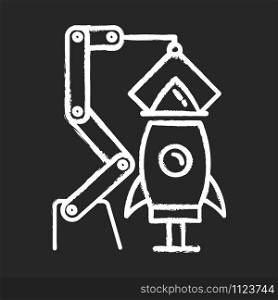 Aerospace industry chalk icon. Aviation sector. Aircraft manufacturing. Spacecraft construction and launch preparations. Rocket assembly. Missile building. Isolated vector chalkboard illustration