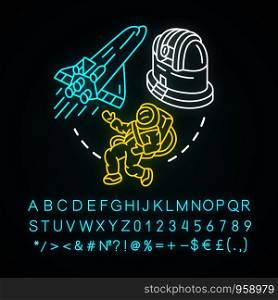 Aerospace industry neon light concept icon. Space exploration. Spacecraft, cosmonaut, observatory. Cosmos exploring. Glowing sign with alphabet, numbers and symbols. Vector isolated illustration