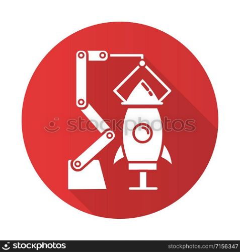 Aerospace industry red flat design long shadow glyph icon. Aircraft manufacturing. Spacecraft construction and launch preparations. Rocket assembly. Missile building. Vector silhouette illustration