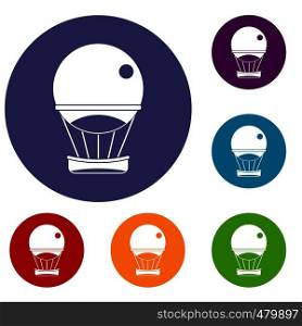 Aerostat balloon icons set in flat circle red, blue and green color for web. Aerostat balloon icons set