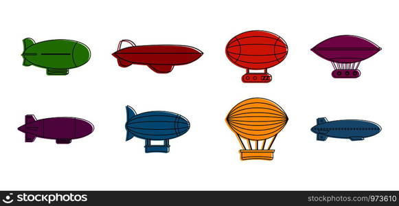Aerostat icon set. Color outline set of aerostat vector icons for web design isolated on white background. Aerostat icon set, color outline style