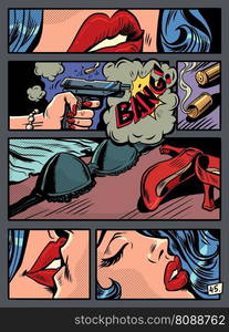 Aesthetics of old American comics. Fatal love. romantic gangster shootout crime thriller Comic cartoon pop art retro vector illustration hand drawing. Aesthetics of old American comics. Fatal love. romantic gangster shootout crime thriller