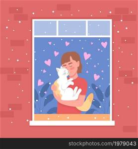 Affection for domestic pet flat color vector illustration. Woman hugging adopted kitten in home window. Cozy winter. Cat with owner 2D cartoon characters with apartment exterior on background. Affection for domestic pet flat color vector illustration
