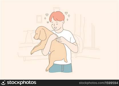 Affection, love, ownership, pet concept. Young happy smiling excited child boy kid owner cartoon character holding dog domestic animal friend in hands. Responsibility and care for puppy illustration.. Affection, love, ownership, friendship, care, pet concept