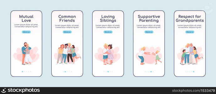 Affection onboarding mobile app screen flat vector template. Mutual love. Close friend. Walkthrough website steps with characters. UX, UI, GUI smartphone cartoon interface, case prints set. Affection onboarding mobile app screen flat vector template