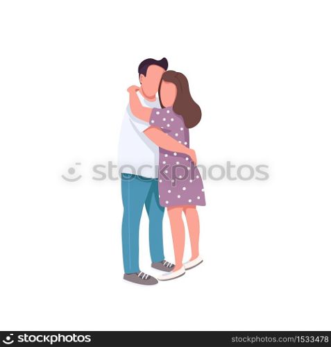 Affectionate hug flat color vector faceless characters. Man hold woman. Romantic valentine. Heterosexual couple embrace each other isolated cartoon illustration for web graphic design and animation. Affectionate hug flat color vector faceless characters