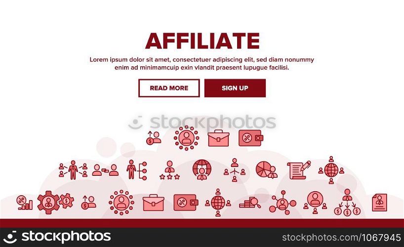 Affiliate Landing Web Page Header Banner Template Vector. Affiliate Marketing And Business, Management And Finance, Strategy And Planning Illustration. Affiliate Landing Header Vector