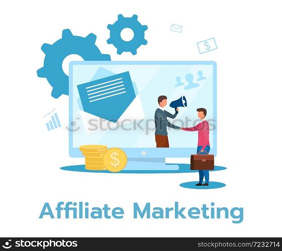 Affiliate marketing flat vector illustration. Product, service promotion. Income from sale generation. Performance-based business model. Isolated cartoon character on white background. Affiliate marketing flat vector illustration