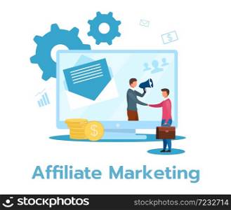 Affiliate marketing flat vector illustration. Product, service promotion. Income from sale generation. Performance-based business model. Isolated cartoon character on white background. Affiliate marketing flat vector illustration