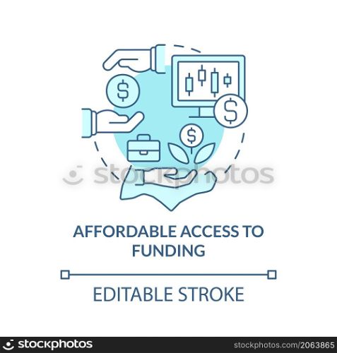 Affordable access to funding turquoise concept icon. Small-business grants abstract idea thin line illustration. Isolated outline drawing. Editable stroke. Roboto-Medium, Myriad Pro-Bold fonts used. Affordable access to funding turquoise concept icon