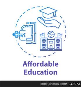 Affordable education concept icon. Student insurance. Cheap university. Scholarship, mortrage. Learning idea thin line illustration. Vector isolated outline RGB color drawing. Editable stroke