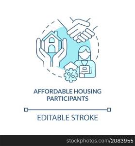 Affordable housing participants turquoise concept icon. Property manager job abstract idea thin line illustration. Isolated outline drawing. Editable stroke. Roboto-Medium, Myriad Pro-Bold fonts used. Affordable housing participants turquoise concept icon
