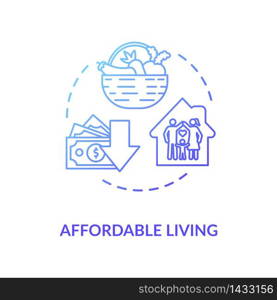 Affordable living blue concept icon. Residential property rent. Family housing. Economy on home budget. Real estate idea thin line illustration. Vector isolated outline RGB color drawing. Affordable living blue concept icon
