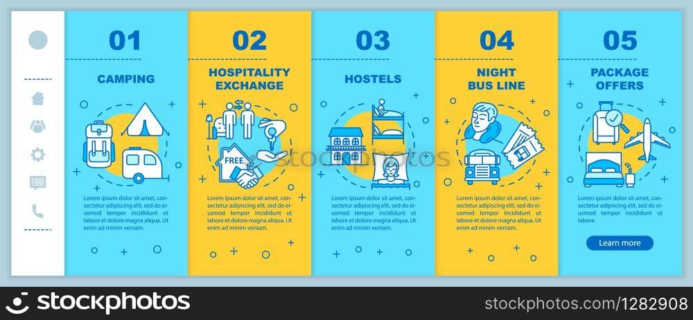 Affordable recreation onboarding vector template. Low cost rest on vacation, inexpensive tourism. Responsive mobile website with icons. Webpage walkthrough step screens. RGB color concept