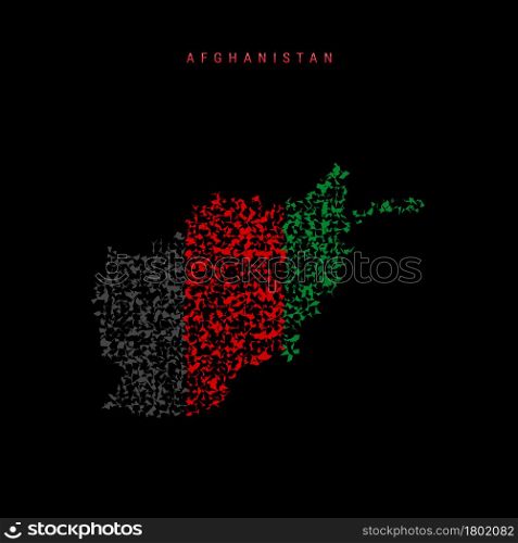 Afghanistan flag map, chaotic particles pattern in the colors of the Afghan flag. Vector illustration isolated on black background.. Afghanistan flag map, chaotic particles pattern in the Afghan flag colors. Vector illustration