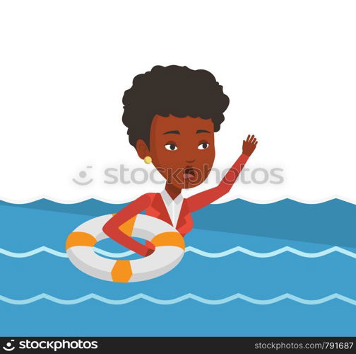 Afraid african business woman with lifebuoy sinking. Frightened business woman sinking and asking for help. Concept of failure in business. Vector flat design illustration isolated on white background. Business woman sinking and asking for help.