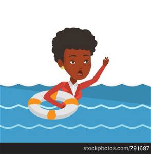 Afraid african business woman with lifebuoy sinking. Frightened business woman sinking and asking for help. Concept of failure in business. Vector flat design illustration isolated on white background. Business woman sinking and asking for help.