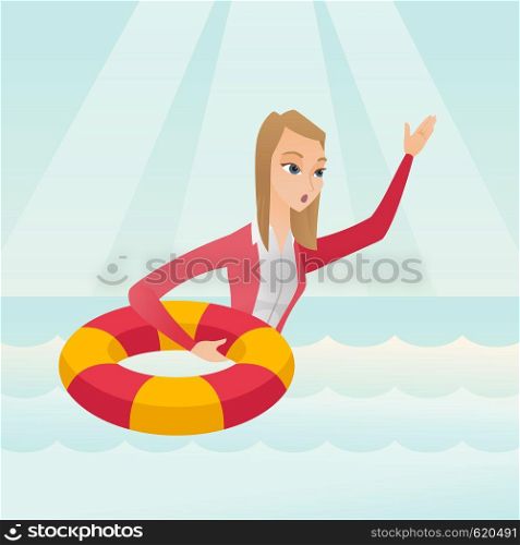 Afraid caucasian business woman with lifebuoy sinking and waving. Frightened business woman sinking and asking for help. Concept of failure in business. Vector flat design illustration. Square layout.. Business woman sinking and asking for help.