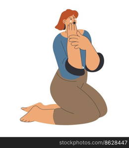 Afraid female character sitting on knees and gasping, isolated woman shocked. Girl expressing scared face and gestures. Surprised or lady, personage in effect, frightened human. Vector in flat. Scared female character gasping, afraid woman