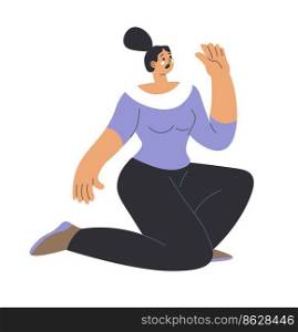 Afraid female character with shocked facial expression, isolated woman scared. Gesturing girl sitting on her knees, personage hiding from someone. Family violence. Vector in flat illustration. Scared female character with shocked expression