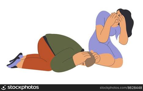 Afraid man and woman hiding face and covering head with arms, protecting themselves. Scared people taken as hostage, guy lying on floor, girl sitting on knees crying. Vector in flat illustration. Scared people, hostage or afraid man and woman