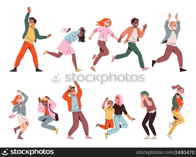 Afraid people running. Shocked reaction, escape from sudden problem, frightened characters, horrified adults, terrified children, young men and women with kids, vector cartoon flat style isolated set. Afraid people running. Shocked reaction, escape from sudden problem, frightened characters, horrified adults, terrified children, young men and women with kids, vector cartoon flat set