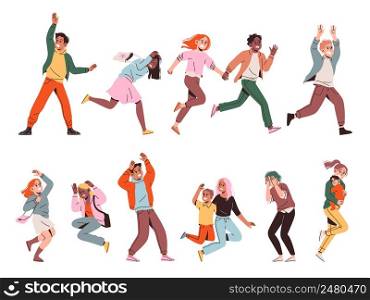 Afraid people running. Shocked reaction, escape from sudden problem, frightened characters, horrified adults, terrified children, young men and women with kids, vector cartoon flat style isolated set. Afraid people running. Shocked reaction, escape from sudden problem, frightened characters, horrified adults, terrified children, young men and women with kids, vector cartoon flat set