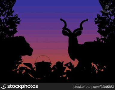Africa Animals and Nature Illustration with Lion Kudu and Africa Cooking Pot in Bush
